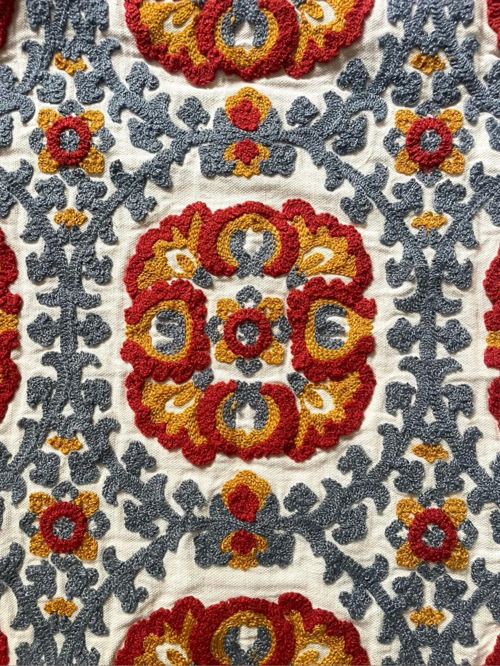Suzani Embroidered Throw Pillow Blue Gold Red Zip Back w Leather Tassel 20x20